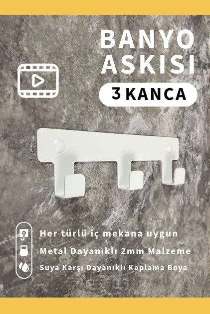 Demir Banyo Askısı - Duvara Monte Havlu ve Elbise Askısı 3 Kancalı