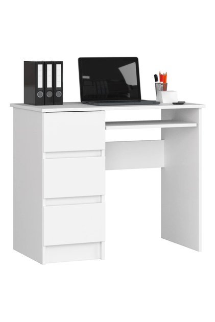Birou de calculator cu 3 sertare și tavă pentru tastatură, stânga, 90x50x77 cm, alb