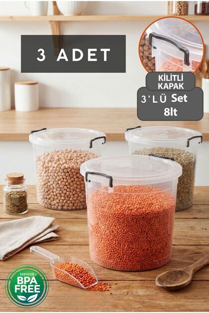 3-Piece Mega Flour Container - 8 Lt Lock Lid Tea Sugar Pulses Food Storage Container Transparent Storage Box