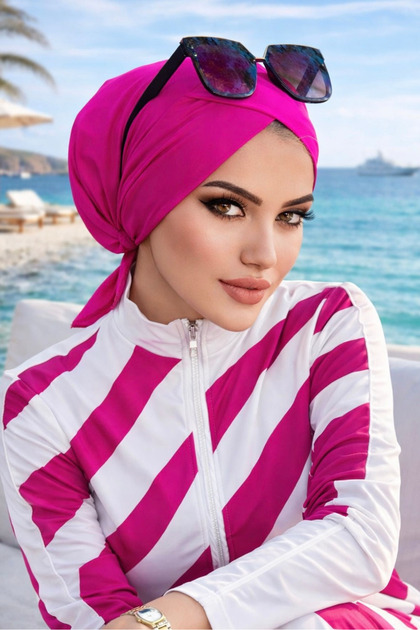 Neon Pembe Çapraz Bantlı Deniz - Havuz Bonesi