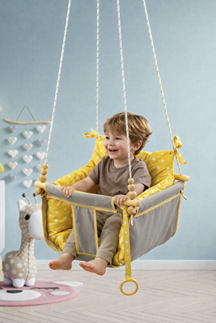 Wag Swing Gri Ev İçi Çocuk Salıncağı Ahşap Çocuk Salıncak Hamak Portatif Tavan Bahçe Salıncakları