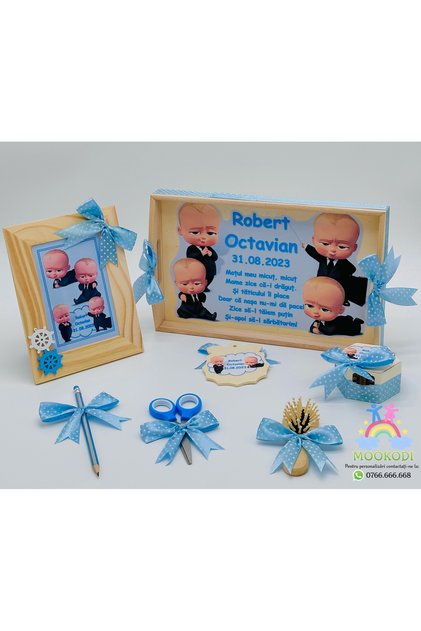 Tăviță moț personalizată, 7 piese, "Baby boss" bleu cu buline