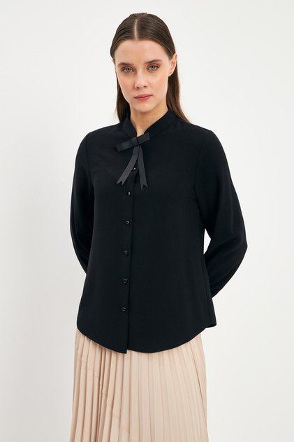 Bow Detailed Buttoned Shirt Black Shirt 0090