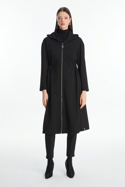 Hooded Jacket with Elastic Waist, Black 0313