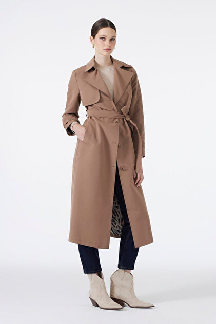 Zühre Kruvaze Yaka Kol Işleme Detaylı Mocha Trençkot 13724