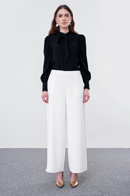 Wide Leg Fabric Ecru Trousers P-0013