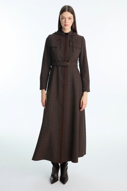 Hooded and Belted Brown Overcoat 13955