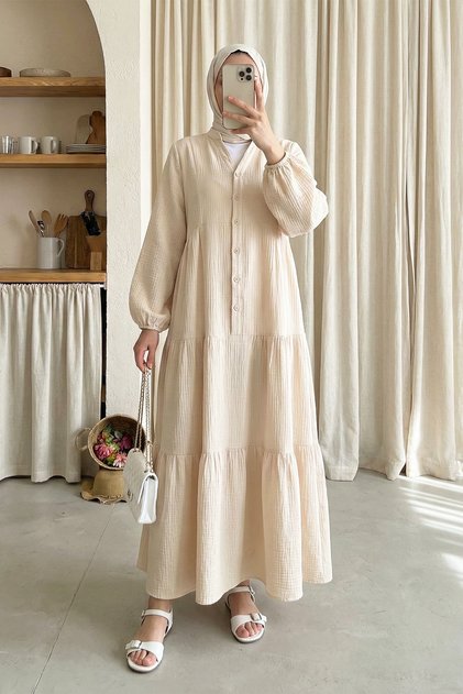 Elastic Cuff Paneled Long Muslin Dress - Stone