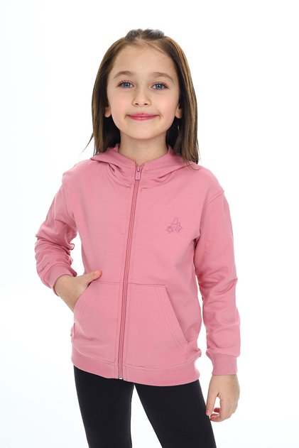 Girl's Hooded Zippered Pockets Off Shoulder Embroidery Printed Knitted Cardigan - 2 Yarn