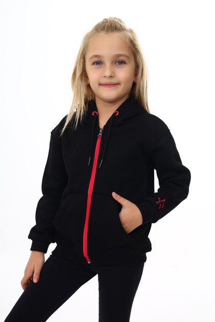 Girl's Beige Hooded Zippered Pocket Embroidery Printed Knitted Cardigan - 2 Thread Raised Embroidery