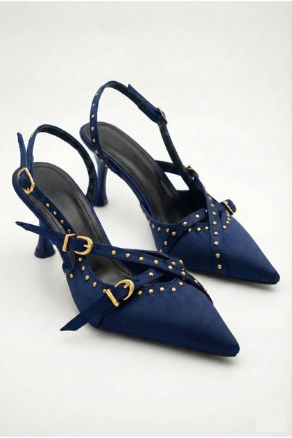 Women's Special Design Navy Blue Satin Metal Buckle Accessory Upholstered Pointed Toe Thin Heeled Shoes