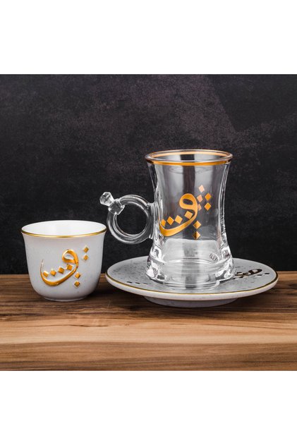 طقم ضيافة فاخر - 18 قطعة (6 أكواب قهوة + 6 أكواب شاي + 6 صحون شاي)