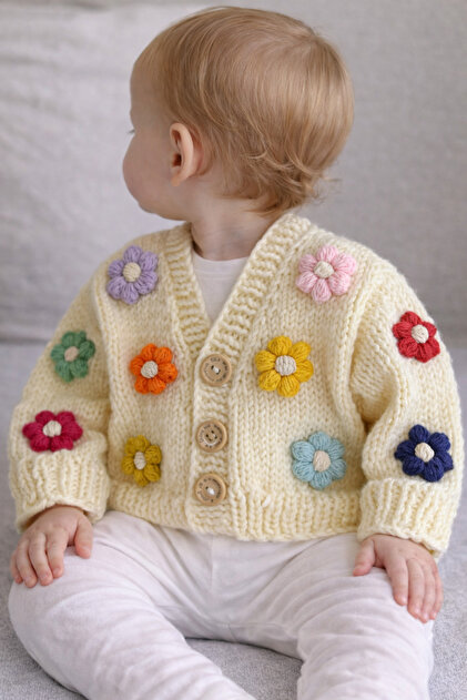 Hand-Knitted Cream Color Colorful Daisy Buttoned Baby Girl Cardigan