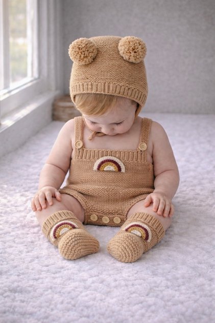 Hand Knitted Beige Color Baby Boy Soft Hat, Strap Overalls, Booties Set