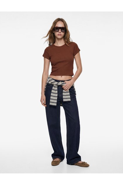 Tricou din bumbac cu mânecă scurtă guler rotund slim fit tricotaj cu striații