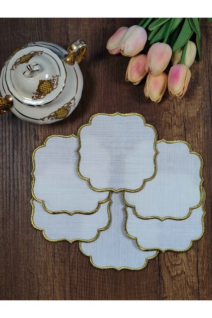 Gold Embroidered White Fabric Suitable for Embroidery Linen Linen Etamine Fabric Coffee Side Cocktail Presentation Napkin Set of 6