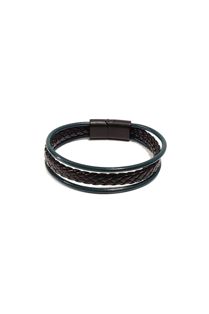 Navy Blue Black Knitted and Leather Combination Men's Bracelet | Genuine Leather – Magnetic Metal Buckle Design