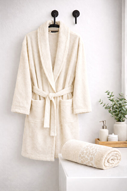 Cream Colored 100% Cotton Jacquard Stone Double Bathrobe Set