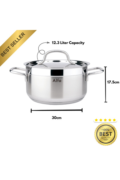 Casserole 30x17.5cm - 12.3 Liter Capacity -18/10 Cr-Ni Stainless Steel - Silver