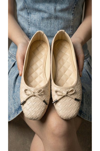Pantofi de damă, bej, cu fundă, tricotați, cu model, tip Mary Jane, balerină, 1 cm BYNDBTG01