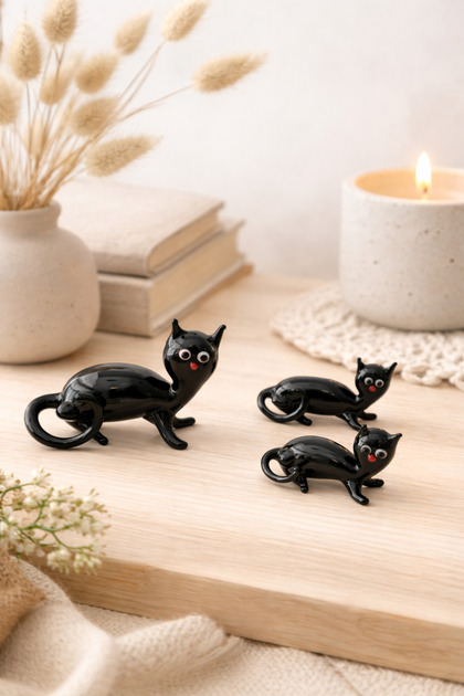 Kedi El Yapımı Cam Dekoratif Biblo 3'lü Set