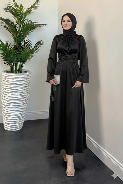 fitted lace wedding dress Zara Deep Grey Premium Satin Effect Midi Dress With Long Sleeves main image 0