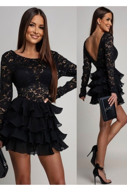 Rochie elegantă scurtă din dantelă cu volane și spate gol