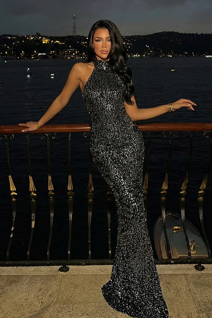 Eyyo Rose Gold Shion Sequined Halter Neck Long Dress Ate-3484- Trendyol Eyyo Rose Gold Shion Sequined Halter Neck Long Dress Ate-3484- Trendyol