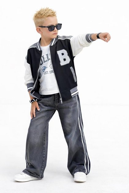 Boy's 3-Piece College Jacket and Striped Jeans Set – Casual & Sports Combination 25174S