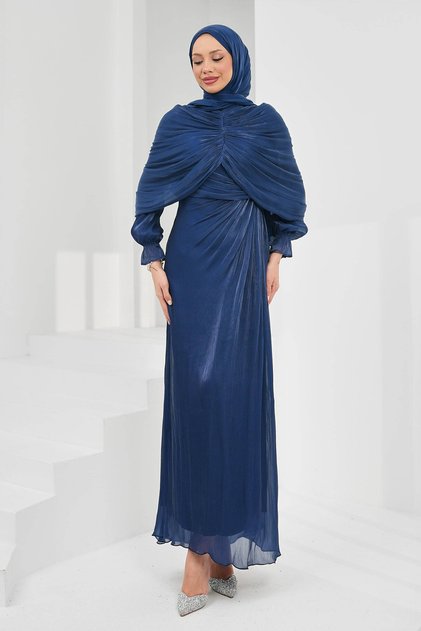 Navy Blue Draped Front Cape Evening Dress