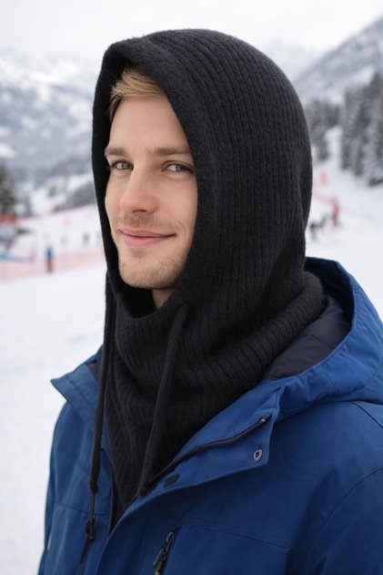 Black Wool Premium Balaklava Men's Beanie Hat