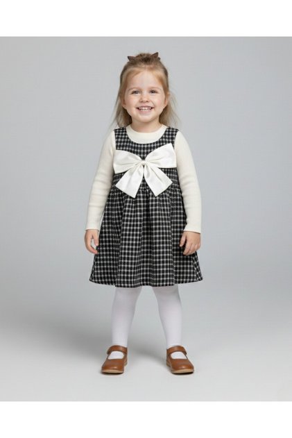 Girl's Festive Plaid Dress with Gilet and Badge for Ages 3-4-5-6-7, Stylish Dress