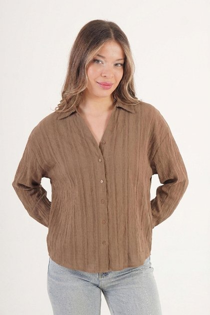 V-Neck Striped Linen Brown Shirt