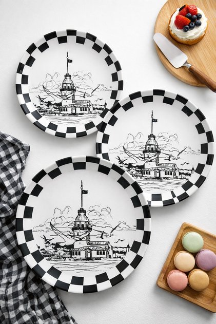Istanbul Maiden's Tower Themed (6 Pieces, 27 cm) Serving Plate |   Dama Sunum Pasta, Dessert and Breakfast Plate