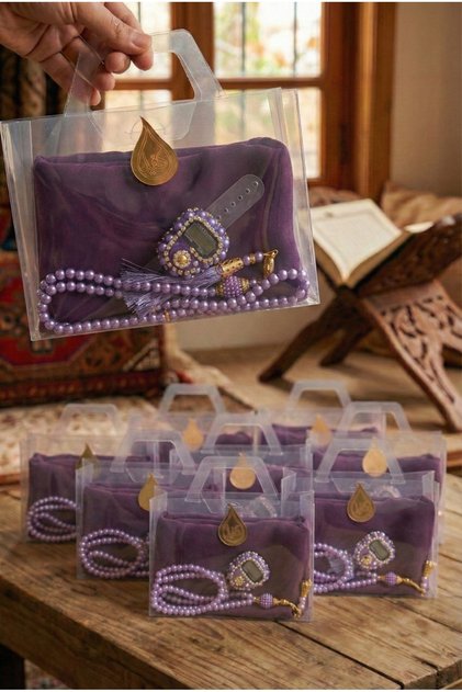 Flam Scarf in a Bag, Pearl Prayer Beads, Stone Zikirmatik, 10 Pieces Mevlüt Hac Umrah Gift Set