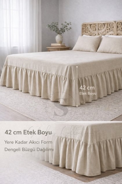 Buldan Linen 3-Sided Gathered Bed Base Skirt with Pillows Hotel Style Decoration Set 90 X 200