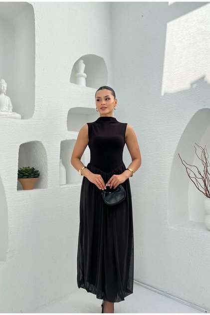 Women's Bitter Brown Half Turtleneck Sleeveless Skirt Chiffon Dress – Waist-Fitted Stylish Event Dress
