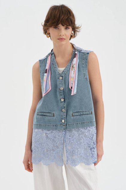 Women's Denim Fabric Collar Vest with Scarf and Lace Detail on the Back