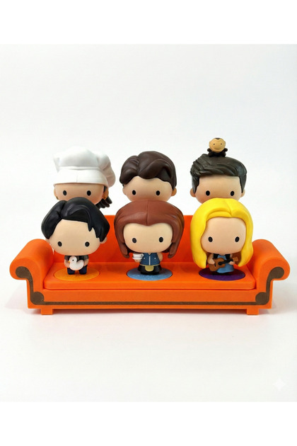Стойка за излагане на фигурки от McDonald's Friends, във формата на оранжев диван, за цялата колекция