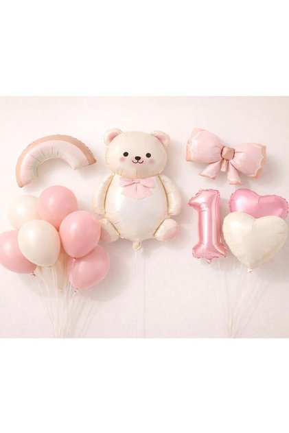 Girl Bear Birthday Concept 16 Pieces with Rainbow Bow, Heart and Number Balloons