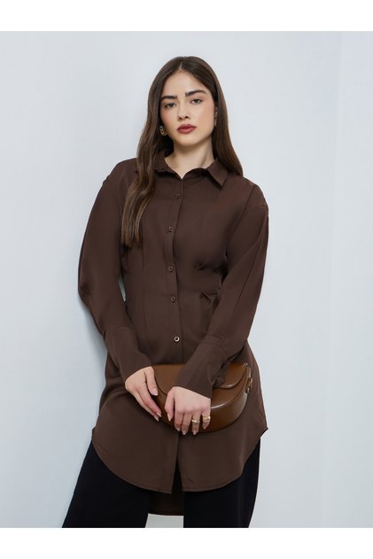 Brown Fold Pleat Longline Shirt