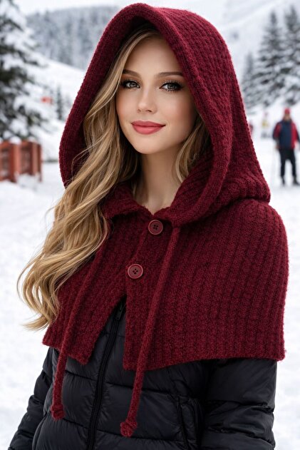 Burgundy Wool Knitwear Button Detailed Balaklava Women's Beanie