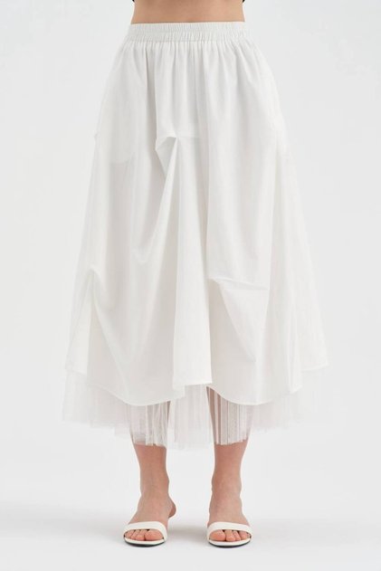 Women's Long Skirt with Tulle Fabric Detail and Elastic Waist Design