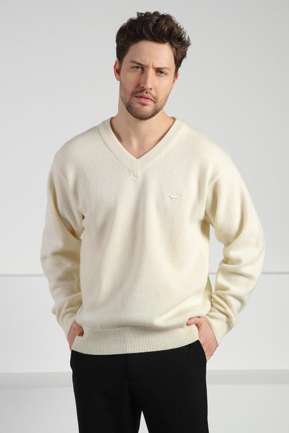 Ecru V-Neck Men's Long Sleeve 100% Lamb Wool Knitwear Sweater