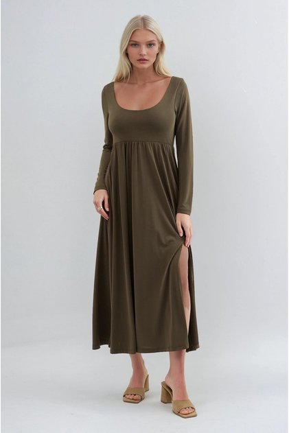 Deep neck and slit modal fabric dress 2033