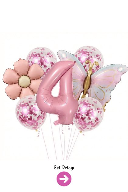 4 Yaş Pembe Rakam Kelebek Papatya Balon Set Parti Süsleme
