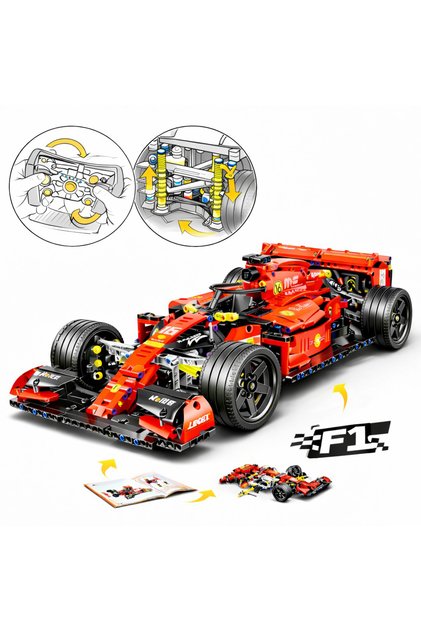 Masina F1 Rosie de Construit, Scara 1:10, 1200+ piese, Set Constructie Tehnic, Formula 1, 48x22x11