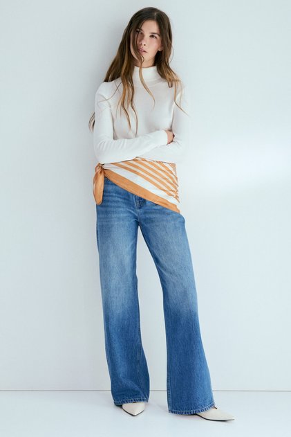 Straight High Waist Jeans Şal Detaylı