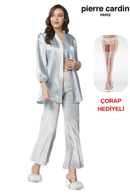 Women's 3-Piece Velvet Cropped Dressing Gown Satin Pajama Set with Socks as a Gift