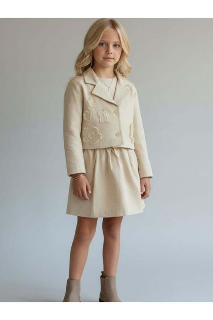 Girl's Textured Stylish Design Jacket with Floral Appliques